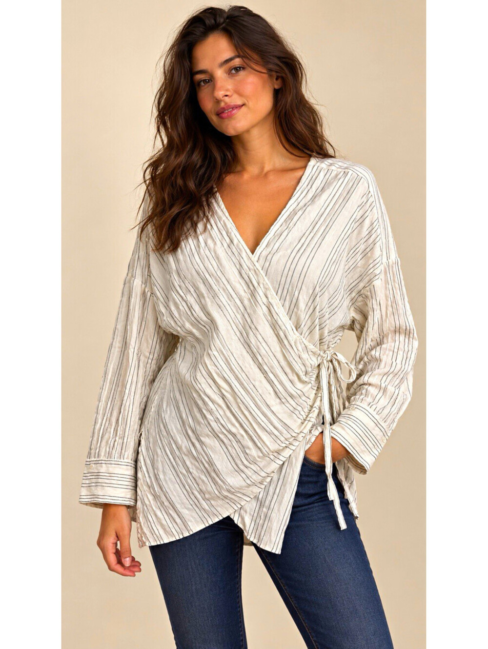 Zara Women’s M Ivory/Black Striped Wrap Tie V-Neck Long Sleeve Blouse
